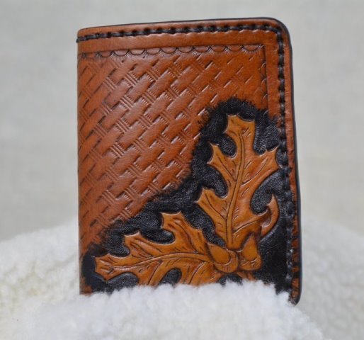 Bi Fold Leather Wallet Brown and Black Basketweave and Carved Oak Leaf Design - Outside Closed View