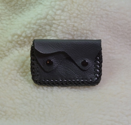 Black leather 2 pocket double flap coin pouch with black leather lace edging and double snap closure
