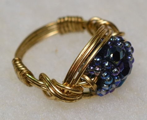 Blue Bead Wire Wrapped Brass Ring