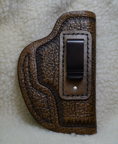 Dark Brown Leather Concealed Carry Holster Right Handed Sunburst Border - Back View