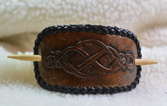 Brown Leather Barrette with Bamboo Stick and Carved Celtic Braid and Decorative Black Lacing