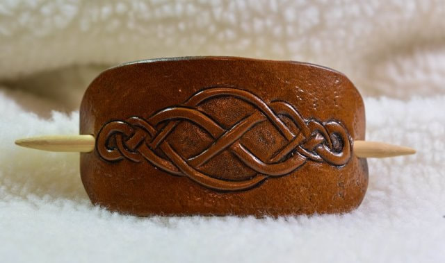 Brown Leather Barrette with Bamboo Stick and Carved Celtic Braid