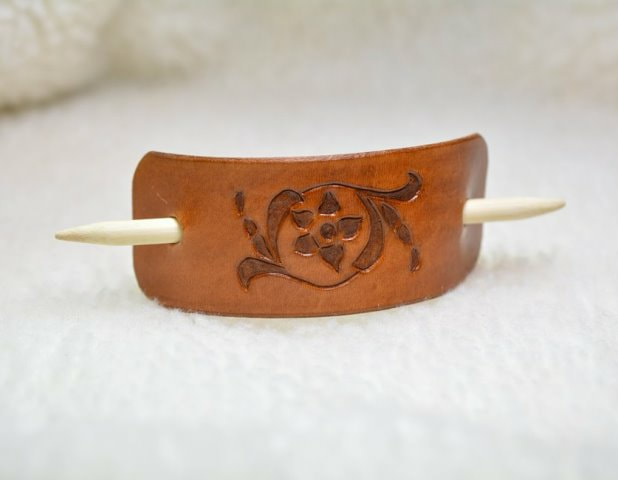 Brown Leather Barrette with Bamboo Stick and Carved Flower