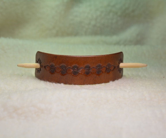 Large Brown Leather Barrette with Bamboo Stick Southwestern Design