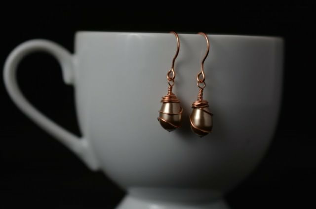 Copper Wire Wrapped Swarovski Pearl Bronze Dangle Earrings