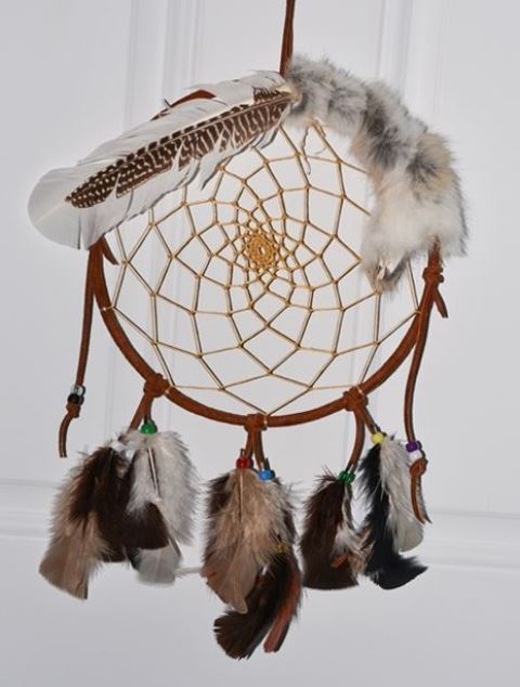 Dreamcatcher, full size, leather wrapped with feather and bead dangles