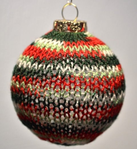 Green Red White Hand Knit Glass Ball Christmas Ornament