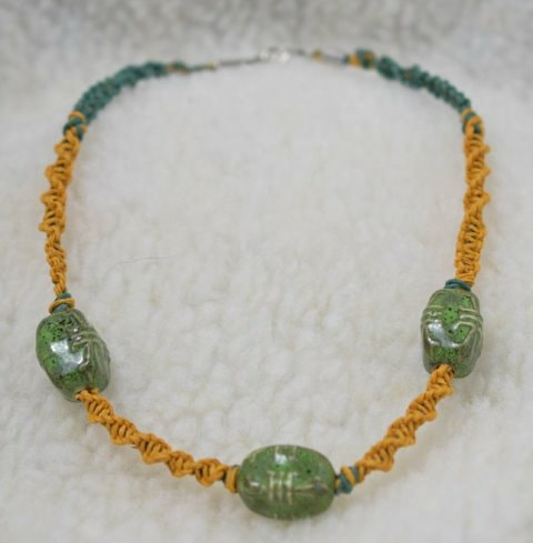 Yellow and Green Woven Hemp Necklace with Three Large Green Beads