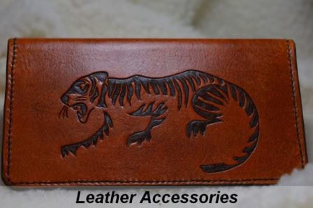 Leather Checkbook Cover with Stamped Tiger Reddish Brown Color