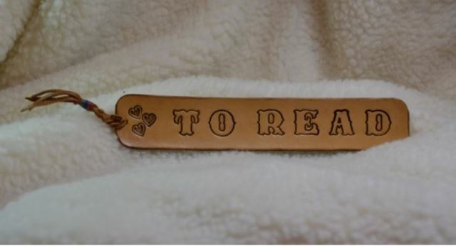 Natural Leather Bookmark with Leather Lace Tail, Three Stamped Hearts, and Stamped Message To Read