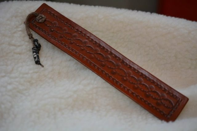 Hand Stamped Leather Bookmark - Reddish-Brown Color with a Satin Cord and Bead Embellishment