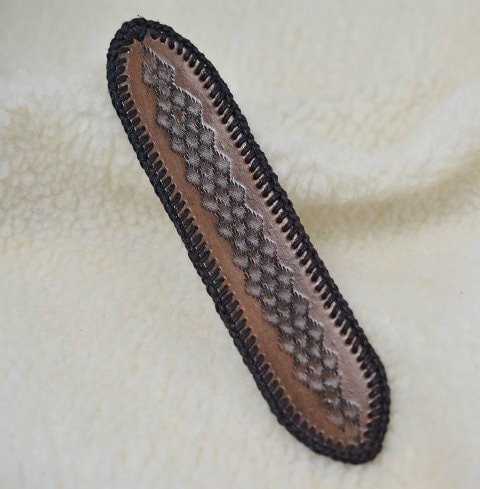 Hand Stamped Leather Bookmark with Black Hemp Stitching Around the Edge - Gray Black Brown Color