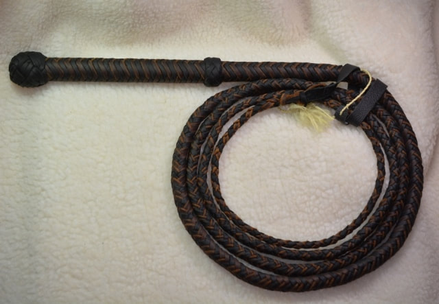 Leather 12 Strand Braided Bullwhip, 10 feet long, brown and black