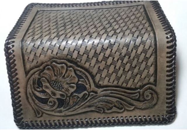 Leather Checkbook Cover with Basketweave Design and Carved Flower Smoke Color