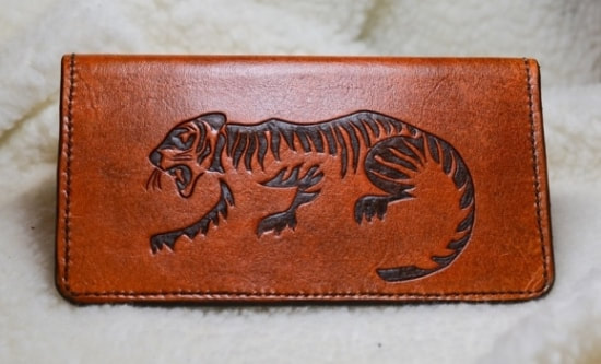 Leather Checkbook Cover with Carved Tiger Orangish Brown Color