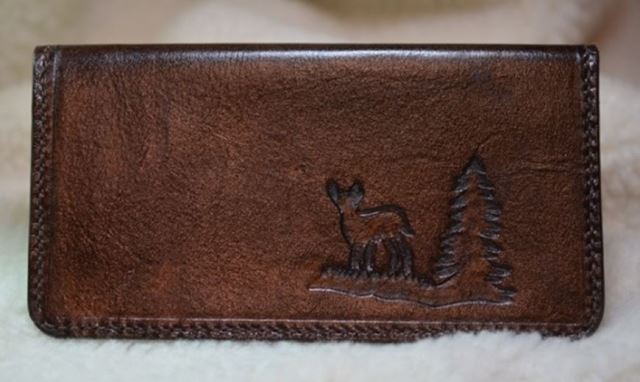 Leather Checkbook Cover with Carved Deer Brown Color