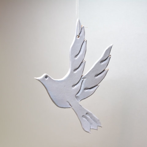 Leather Christmas Ornament - Hand Carved Hand Painted White Dove