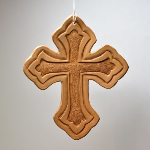 Leather Christmas Ornament - Hand Carved Ornate Christian Double Cross