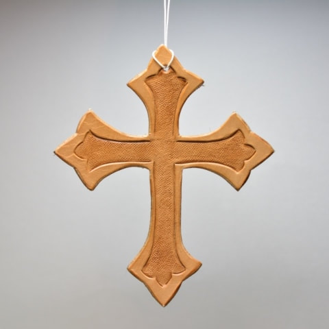 Leather Christmas Ornament - Hand Carved Simple Christian Cross