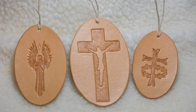 Leather Christmas Ornaments Collection - 3 Ovals - Hand Carved Crucifix, Praying Angel, Cross with Crown of Thorns