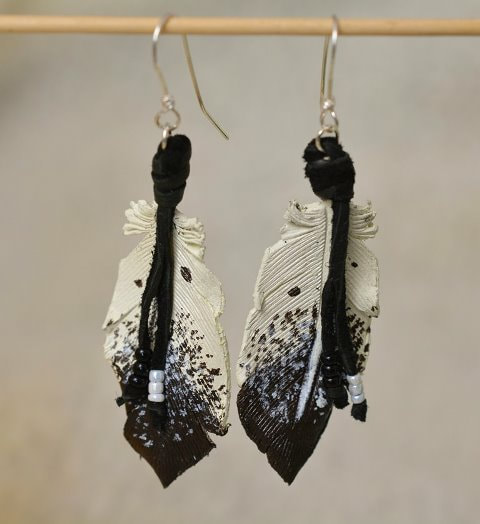 Leather Eagle Feather Sterling Silver and Bead Dangle Earrings