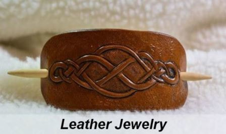 Brown Leather Barrette with Bamboo Stick and Carved Celtic Braid