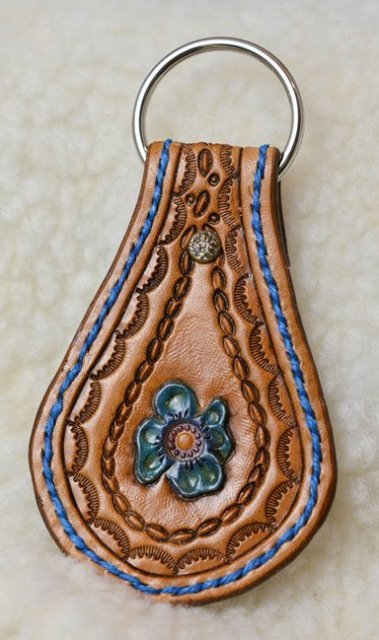 Leather Keyfob with Carved Blue Flower and Blue Stitching