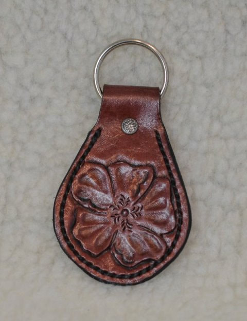 Leather Keyfob Carved Flower Double Sided Mahogany