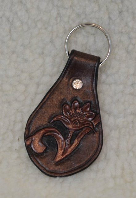 Leather Keyfob with Carved Flower Mahogany and Black