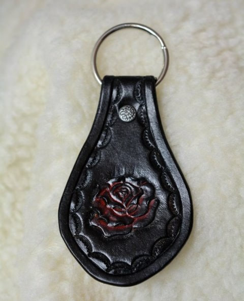 Black Leather Keyfob with Stamped Rose