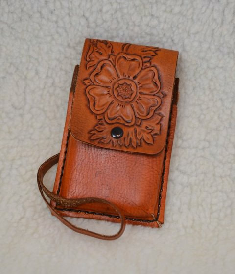 Tan Leather Smartphone Case with Carved Flower