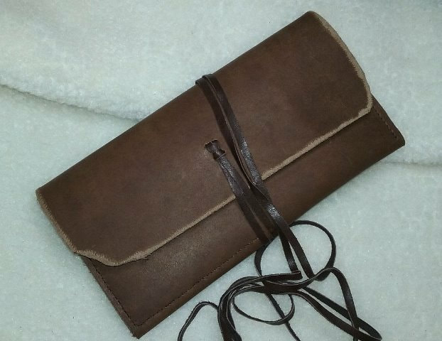 Leather Soft Pencil Case with Leather Lace Wrap Around Tie