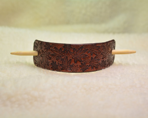 Large Mahogany Leather Barrette with Bamboo Stick Cannabis Leaf Design
