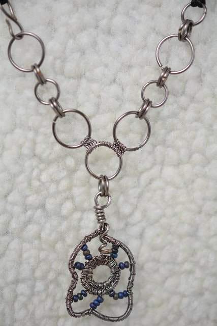 Metal Linked Ring Satin Cord Necklace with Wire Wrapped Beaded Pendant