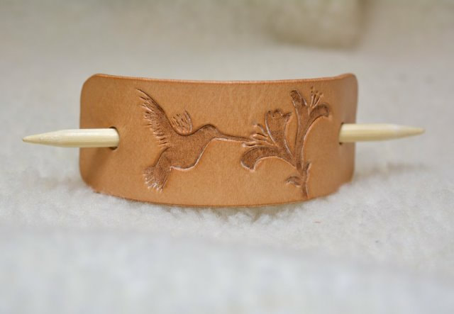 Natural Leather Barrette with Bamboo Stick and Carved Hummingbird