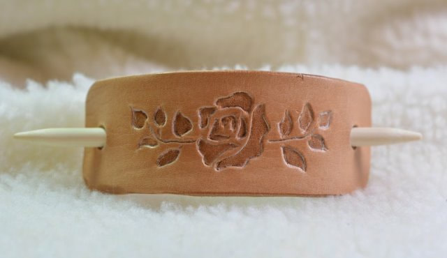 Natural Leather Barrette with Bamboo Stick and Carved Rose
