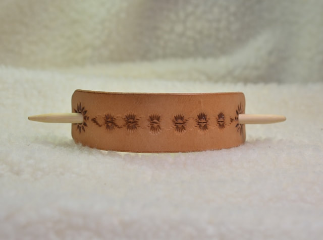 Large Natural Leather Barrette with Bamboo Stick Southwestern Design