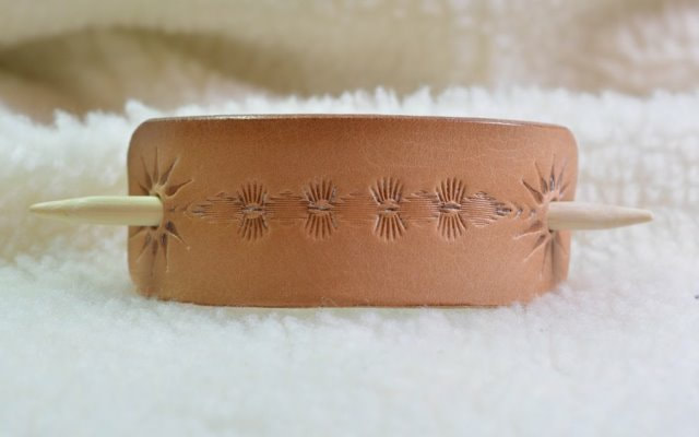 Natural Leather Barrette with Bamboo Stick Southwestern Design