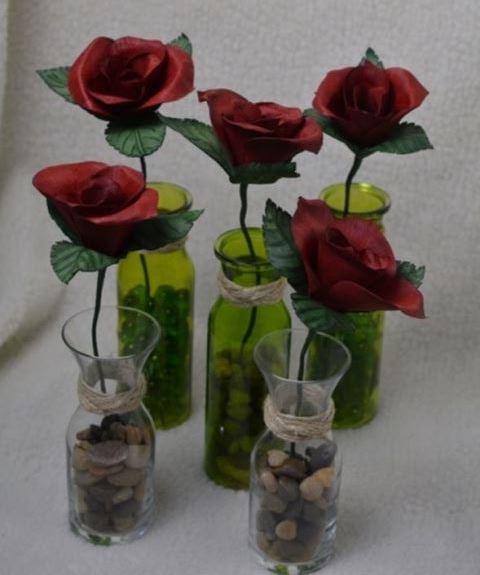 Red Leather Rose in Glass Bud Vase