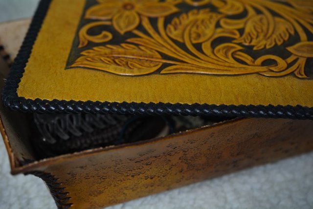 Stylish Leather Box with Hand Carved Flower Design on Top - Closeup Detail