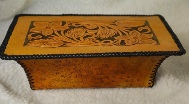 Stylish Leather Box with Hand Carved Flower Design on Top