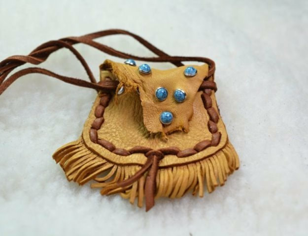 Tan Deerskin Necklace Pouch with Tan Fringe and Dark Brown Leather Lace Stitching