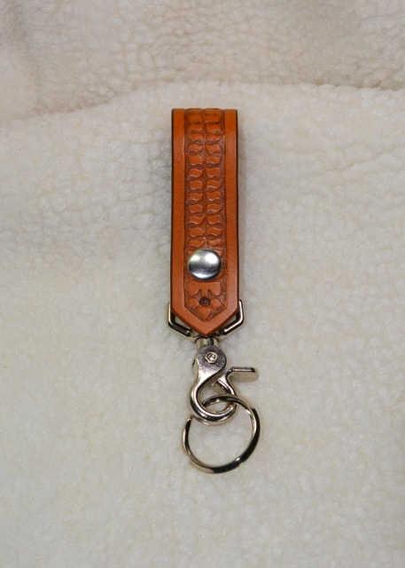 Tan Leather Belt Hanger Keyfob with Stamped Wave Pattern