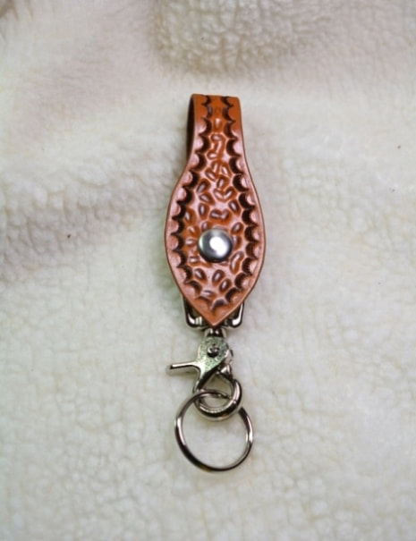 Tan Leather Belt Hanger Keyfob with Stamped Design