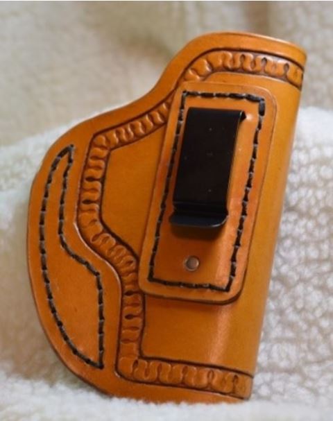 Tan Leather Concealed Carry Holster Right Handed with Hand Stamped Serpentine Design - Back View