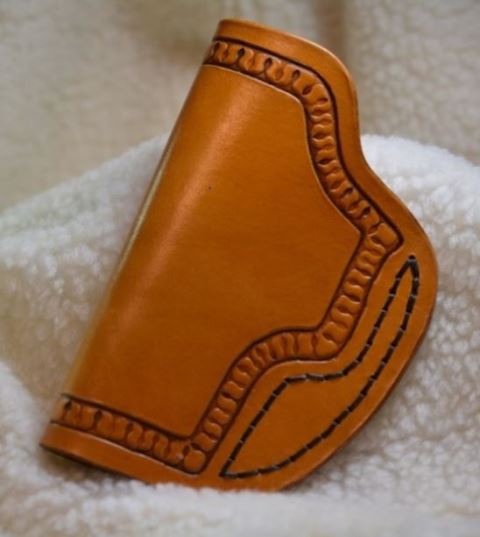 Tan Leather Concealed Carry Holster Right Handed with Hand Stamped Serpentine Design - Front View