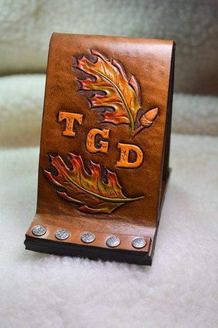 Tan Leather Smartphone Stand with Picture Frame, Carved Autumn Leaves and Carved Monogram Initials