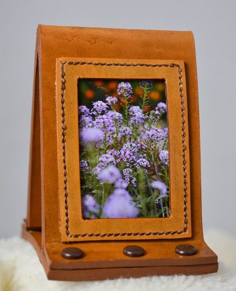 Tan Leather Smartphone Stand with Picture Frame and Carved Rose Frame View