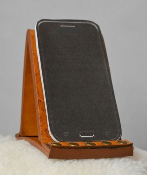 Tan Leather Smartphone Stand with Picture Frame and Carved Rose Stand View