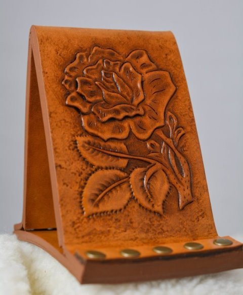 Tan Leather Smartphone Stand with Picture Frame and Carved Rose
